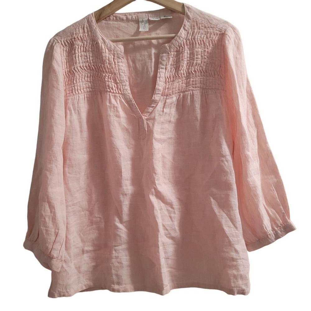 Joie 100% Linen Tunic Top Women's Size L Peach Oversize Pleated 3/4 Sleeves